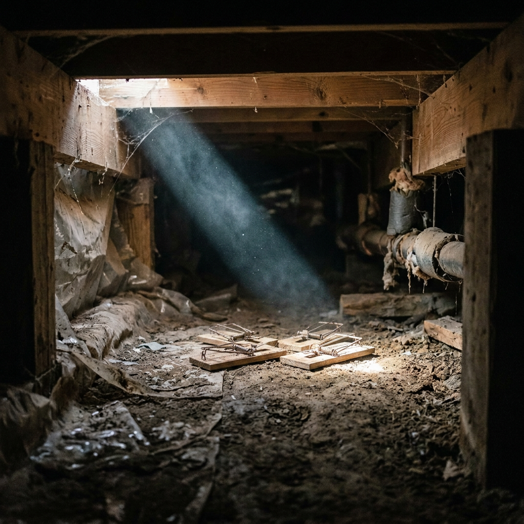 Metal rodent cage trap placed on dirt floor in a dusty crawl space with wooden beams and pipes
